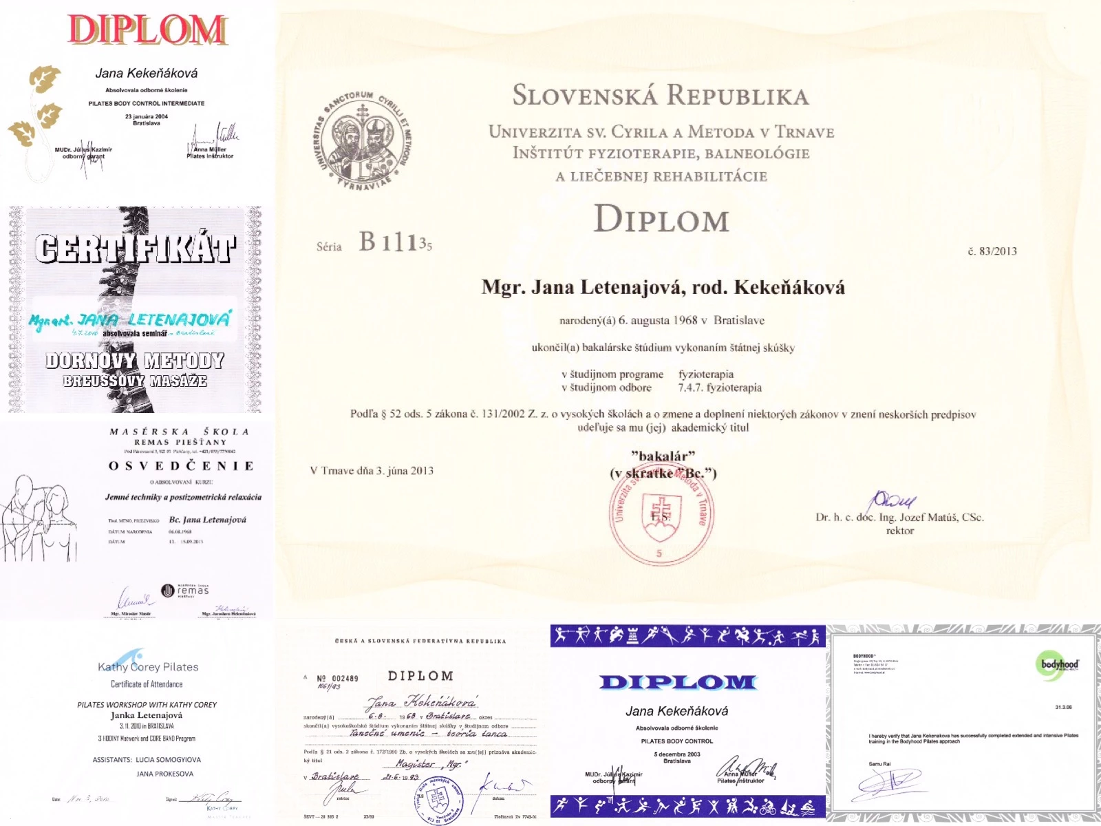 Koláž certifikátov a diplomov Janky Letenajovej